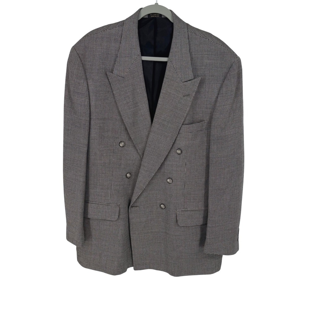 Vtg Bachrach Double Breasted Houndstooth Blazer Jacket 44L USA Made Black White‎